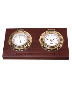 Porthole - Bureaumodel Klokkenset - Quartz klok / Barometer - Arabisch - Koper - Hardhout - Weems & Plath - Scheepsinstrument...