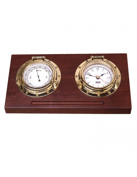 Porthole - Bureaumodel Klokkenset - Quartz klok / Barometer - Arabisch - Koper - Hardhout - Weems & Plath - Scheepsinstrument...